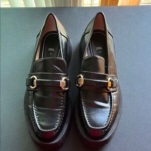 Zara Black Leather Chunky Slip-On Loafers with Horsebit Detail Size 39